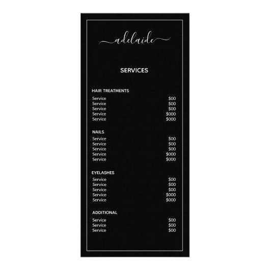 Haarstylist Service Menu Modern Black Price List (Achterkant)