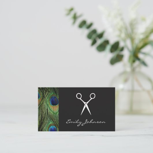 Haarstylist Shears Peacock Print Visitekaartje (Staand voorkant)