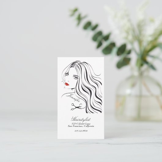 Haarstylist Tekening Lang Haar Rode Lippen Visitekaartje (Staand voorkant)