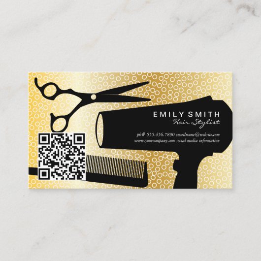 Haarstylist Tools | Gold Circle-patroon | QR-code Afsprakenkaartje (Voorkant)