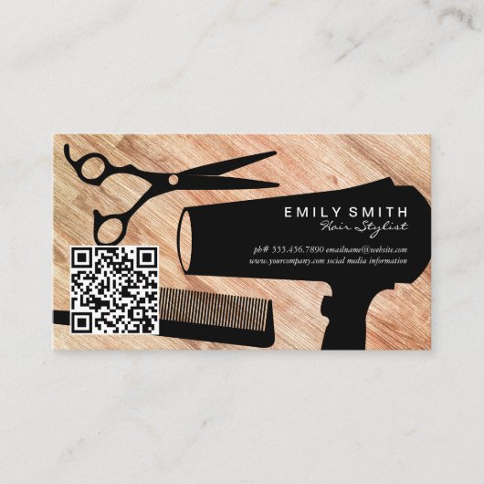 Haarstylist Tools | Houten achtergrond | QR-code Afsprakenkaartje (Voorkant)