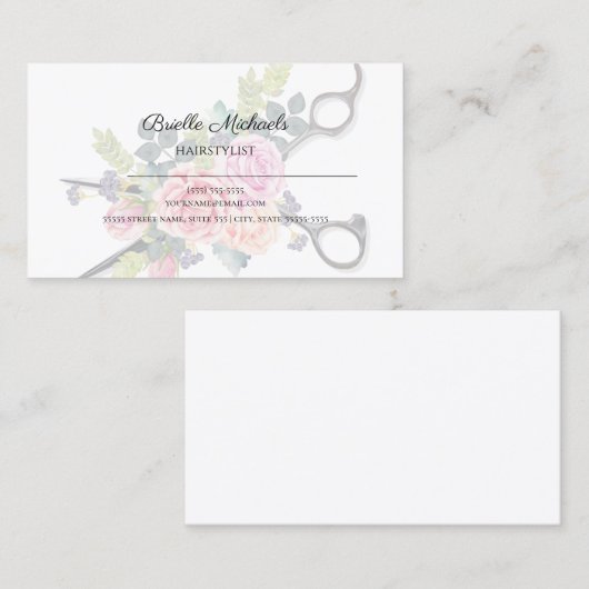 Haarstylist Zachte Bloemen Met Haarsnijschaar Visitekaartje (Voorkant / Achterkant)