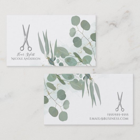 Haarstylist Zilveren Schaar Eucalyptus Goud Visitekaartje (Voorkant / Achterkant)