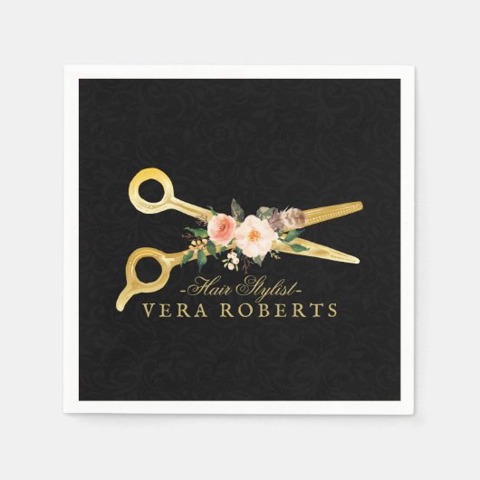 Haarstylist zwart Damask Luxe Gouden Schaar Servet (Voorkant)