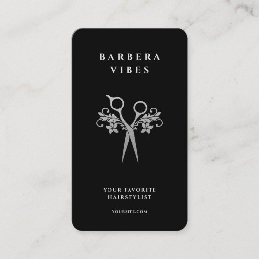 Haarstylist Zwart Zilveren Schaar Floral Modern Visitekaartje (Voorkant)