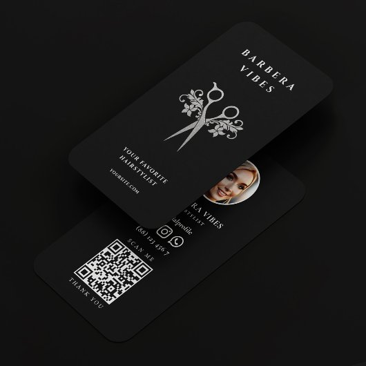 Haarstylist Zwart Zilveren Schaar Floral Modern Visitekaartje