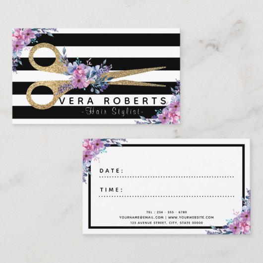 Haarstyliste Bloemen Gouden Glitter Schaar Afsprakenkaartje (Voorkant / Achterkant)