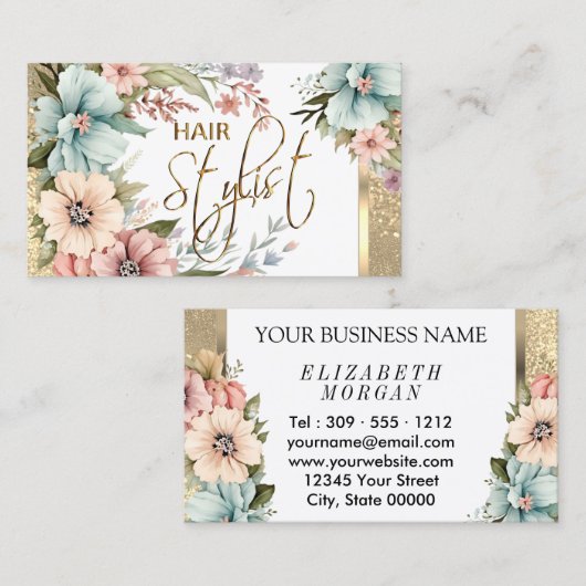 Haarstyliste in  Bloemen en Glitter Visitekaartje (Voorkant / Achterkant)
