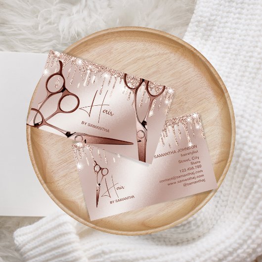 Haarstyliste roos goudkleurige typografische schaa visitekaartje