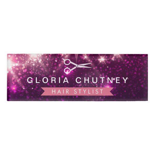 Haarstylschaar Roze Paarse glitter Naambadge (Voorkant)