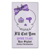 Haartoebehoren schedel (Boog detail Paars met teks Visitekaartje Magneet (Voorkant Verticaal)