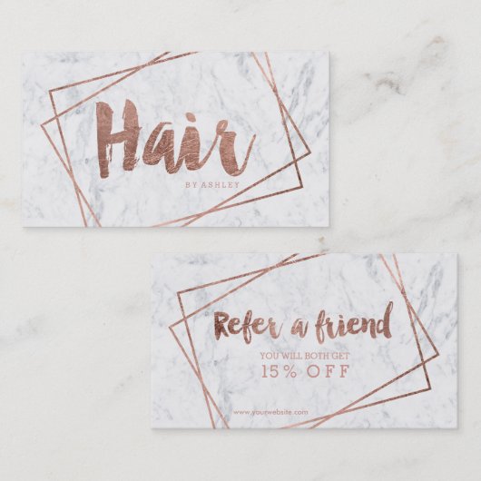 Haarverwijzing moderne roos goudtipografie marmer aanbevelingskaartje (Voorkant / Achterkant)