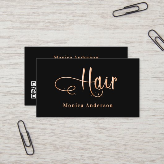 Haarzwart roos goudelegant QR-code Visitekaartje (Voorkant / Achterkant in situ)