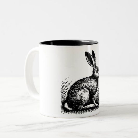 Haas in het veld illustratie tweekleurige koffiemok (Voorkant links)