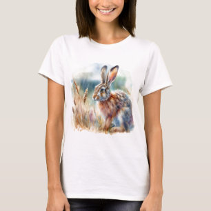 Haas in het veld Wilde Dieren Watercolor Kunst T-shirt