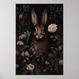 Haas Konijn Bloemig Droevig Bos Print, Donker Poster