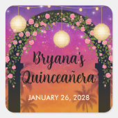 Hacienda Sunset Floral Arch Quinceañera Vierkante Sticker (Voorkant)