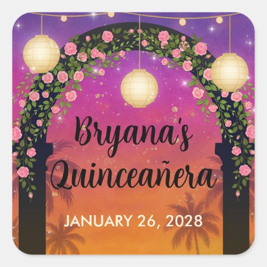Hacienda Sunset Floral Arch Quinceañera Vierkante Sticker (Voorkant)