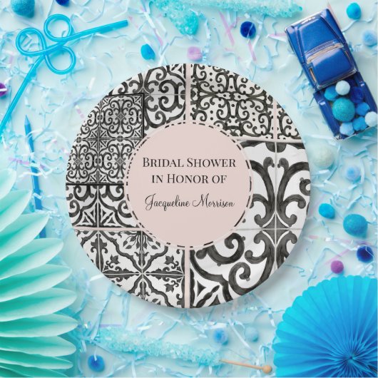 Hacienda Tegel Pattern Zwart Wit Blush Bruid Papieren Bordje (Feest)