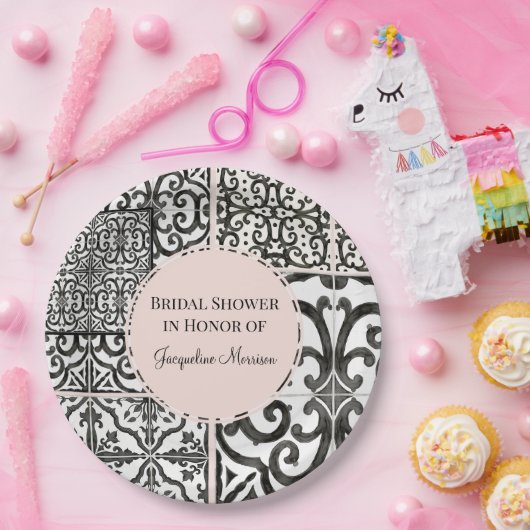 Hacienda Tegel Pattern Zwart Wit Blush Bruid Papieren Bordje (Feest)