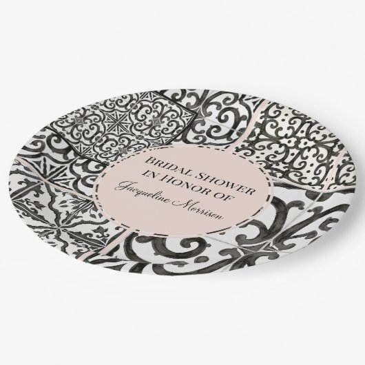 Hacienda Tegel Pattern Zwart Wit Blush Bruid Papieren Bordje (Gekanteld)
