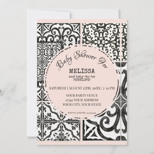 Hacienda Tegel Zwart Wit Blush Modern Baby shower Kaart (Voorkant)