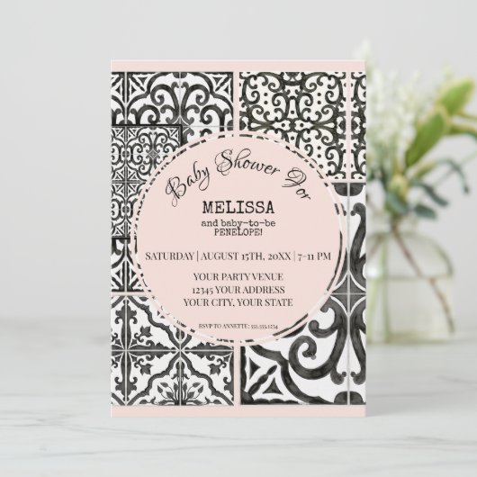 Hacienda Tegel Zwart Wit Blush Modern Baby shower Kaart (Staand voorkant)