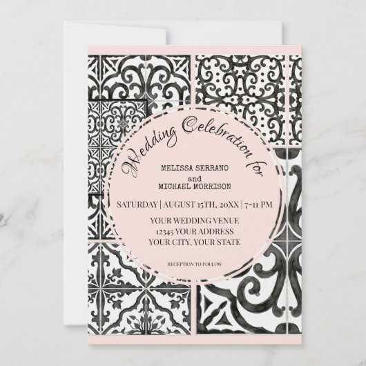 Hacienda Tegel Zwart Wit Blush Modern Huwelijk Kaart (Voorkant)