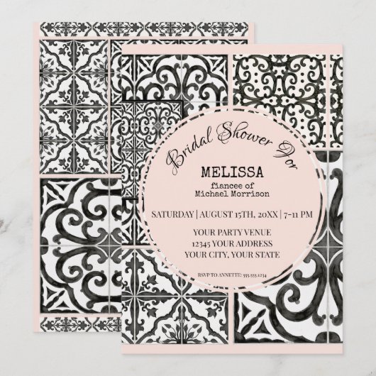 Hacienda Tile Black Blush Modern Vrijgezellenfeest Kaart (Voorkant / Achterkant)