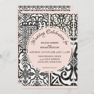 Hacienda Tile Black White Blush Modern Wedding Kaart