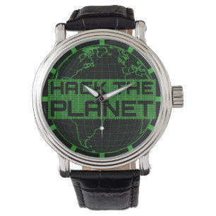 Hack the Planet Green Globe Computer Hacker Design Horloge