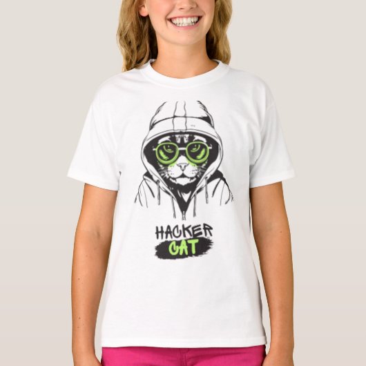 Hacker Kat Cyberpunk Tech Kitty Meisjes T-Shirt (Voorkant)