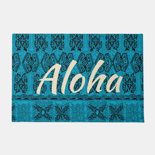 Haena Beach Hawaiian Primitive Tapa Aloha Blauwgro Deurmat (Voorkant)