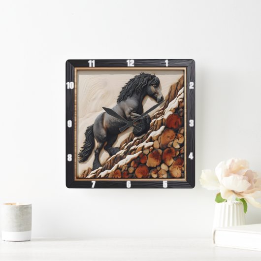 Haflinger Climb: Hout Art Custom Hue Vierkante Klok (Huis)