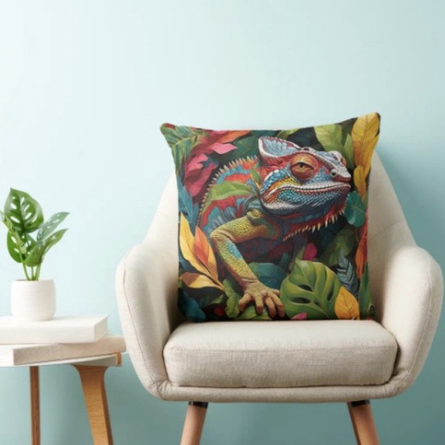 Hagedis Bladeren & Kleur Kussen (Colourful Lizard Tropical Jungle Art pillow high quality 100% polyester hidden zipper enclosure. )