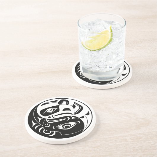 Haida Thunderbird Zwarte en Witte Adelaar Cirkel Zandsteen Onderzetter (Zijkant)