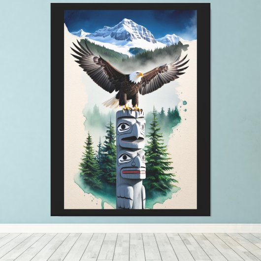 Haida Totem en Bald Eagle Canvas Afdruk (Insitu (Houten vloer))