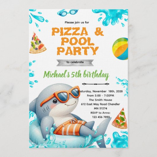 Haifish zwembad pizza feest verjaardagsuitnodiging kaart (Voorkant)