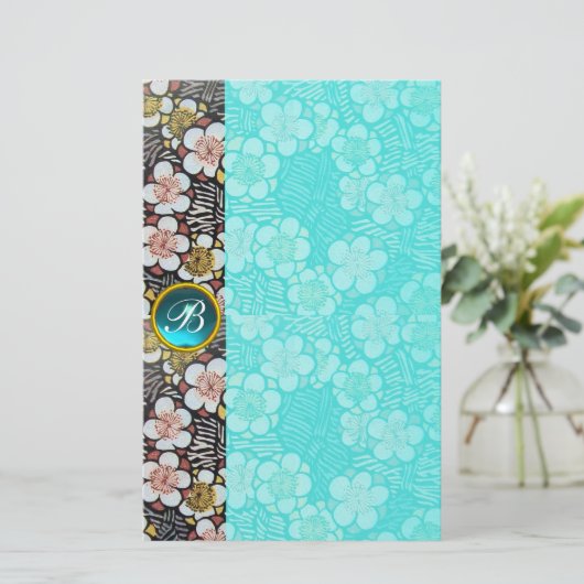 HAIKU/BLACK WHITE SPRING FLOWERS BLAUW GEM MONOGRA BRIEFPAPIER (Staand voorkant)