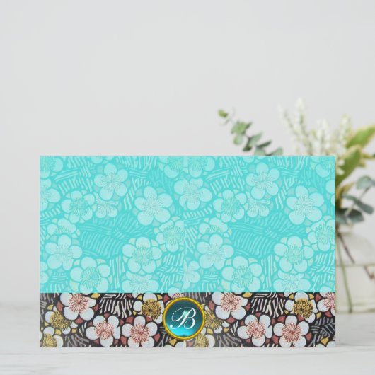 HAIKU/BLACK WHITE SPRING FLOWERS BLAUW GEM MONOGRA BRIEFPAPIER (Staand voorkant)