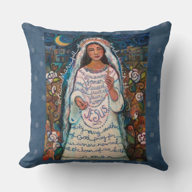 Hail Mary Prayer Pillow met Blue Polka Dots Kussen (Voorkant)