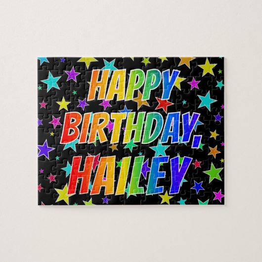 "HAILEY" voornaam, geun "HAPPY BIRTHDAY" Legpuzzel (Horizontaal)