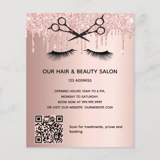 Hair Beausalon roos Gold glitter QR code Flyer (Voorkant)