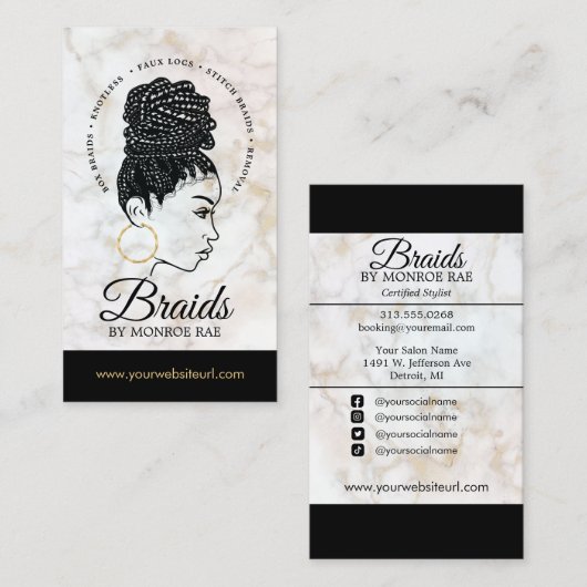 Hair Braider Braiding Salon Braid Stylist Marmer Visitekaartje (Voorkant / Achterkant)