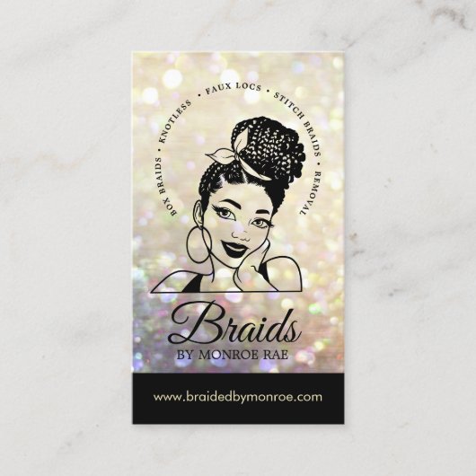 Hair Braider/Braids/Braiding/Salon - Gold Bokeh Visitekaartje (Voorkant)