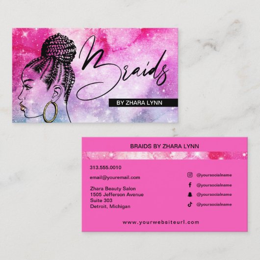 Hair Braider Salon Stylist Braids Roze Waterverf Visitekaartje (Voorkant / Achterkant)