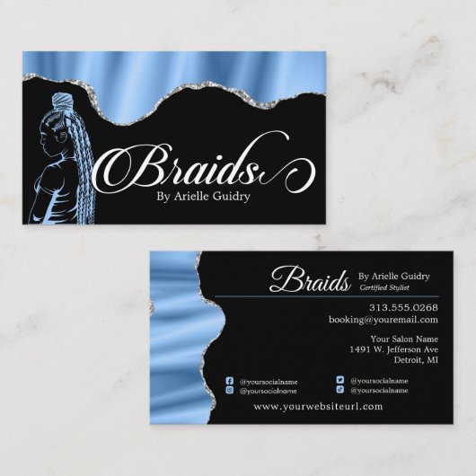 Hair Braiding Braid Salon Silver en Blue Glam Visitekaartje (Voorkant / Achterkant)