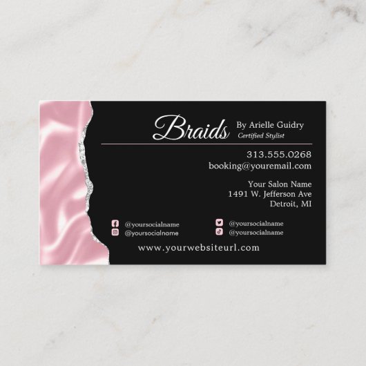 Hair Braiding Braid Salon Silver en Roze Glam Visitekaartje (Achterkant)