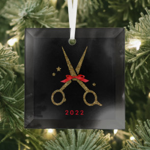 Hair dresser stylist Golden glitter scissors Metal Glas Ornament