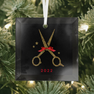 Hair dresser stylist Golden glitter scissors Metal Glas Ornament